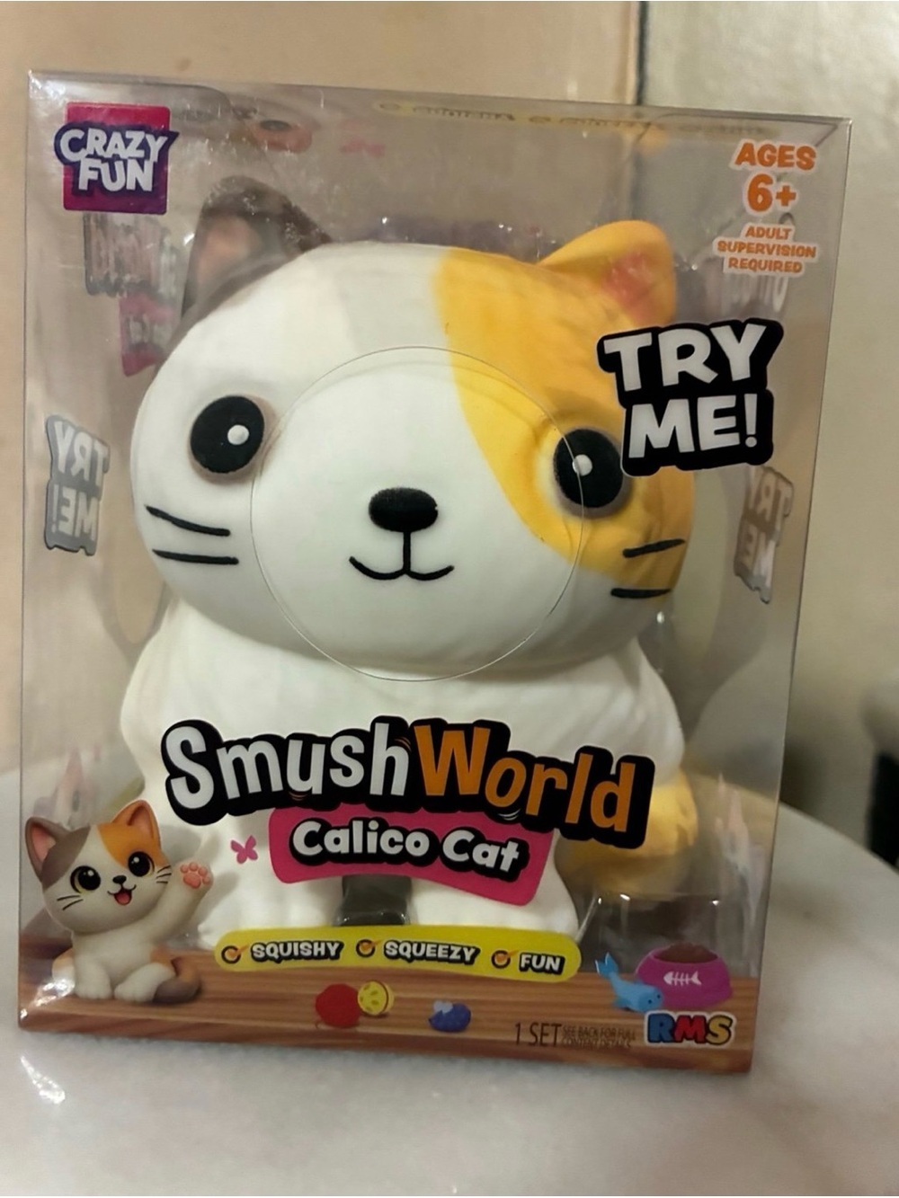 SmushWorld Calico Cat Squishy Toy - White & Yellow